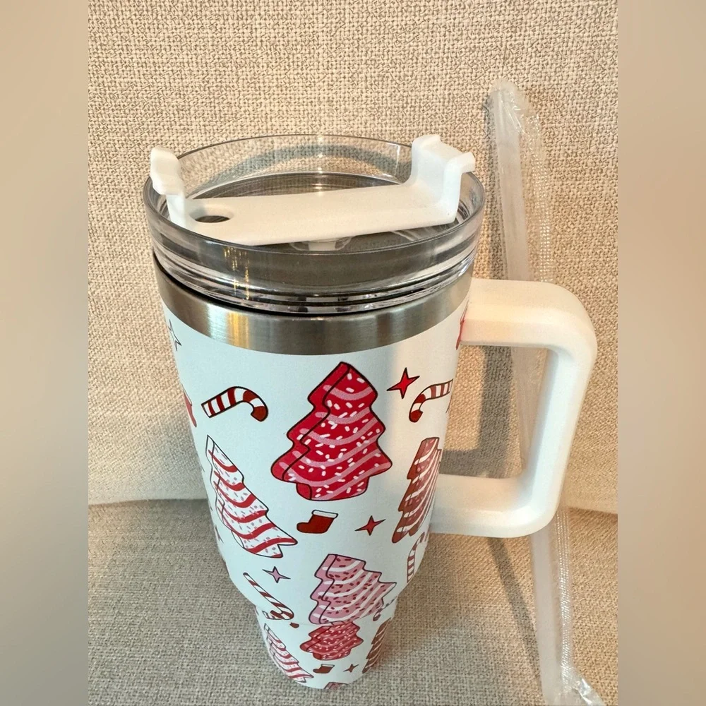 New XL Christmas Tree Cake Stainless Steel Metal Travel Mug Cup Tumbler 40oz
